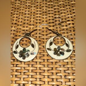 VTG Alpaca Mexico Silver Earrings Abalone Mother Of Pearl Floral Heart Dangle